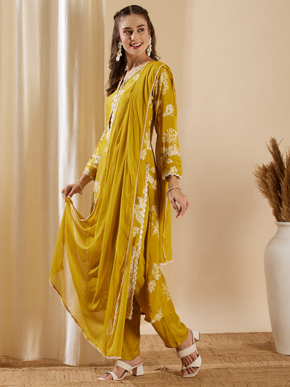 Floral Printed Schiffli Embroidered Straight Kurta with Pant & Dupatta - Mustard