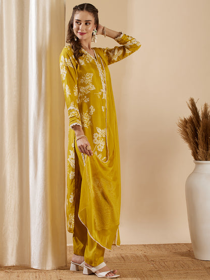 Floral Printed Schiffli Embroidered Straight Kurta with Pant & Dupatta - Mustard