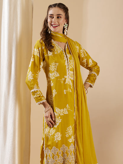 Floral Printed Schiffli Embroidered Straight Kurta with Pant & Dupatta - Mustard