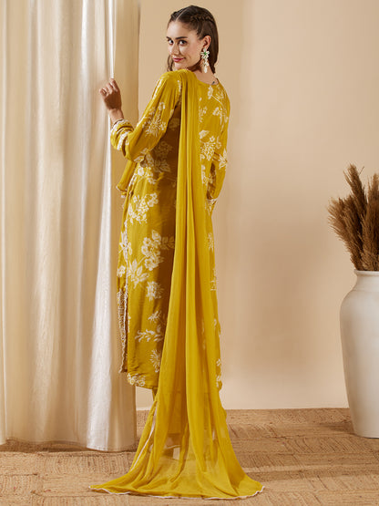 Floral Printed Schiffli Embroidered Straight Kurta with Pant & Dupatta - Mustard