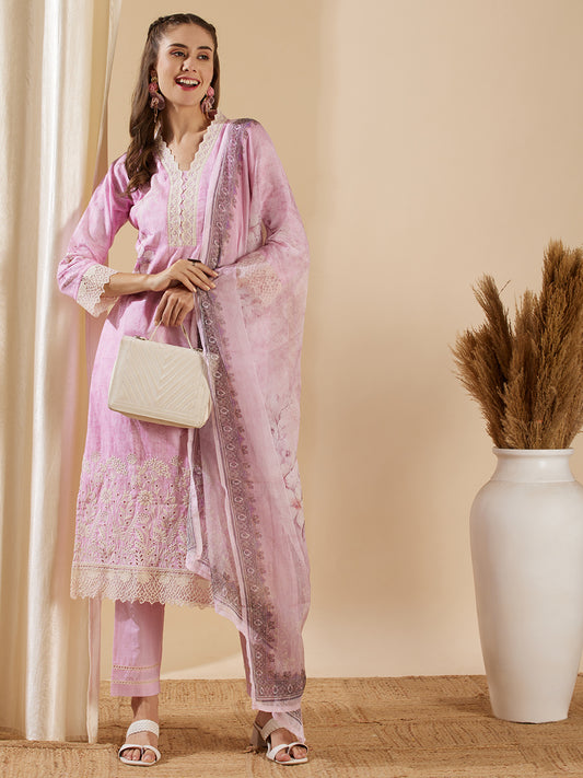 Floral Printed & Schiffli Embroidered Straight Kurta with Pant & Dupatta - Pink