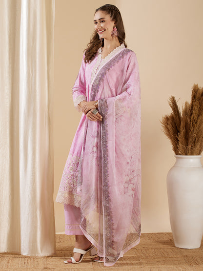 Floral Printed & Schiffli Embroidered Straight Kurta with Pant & Dupatta - Pink