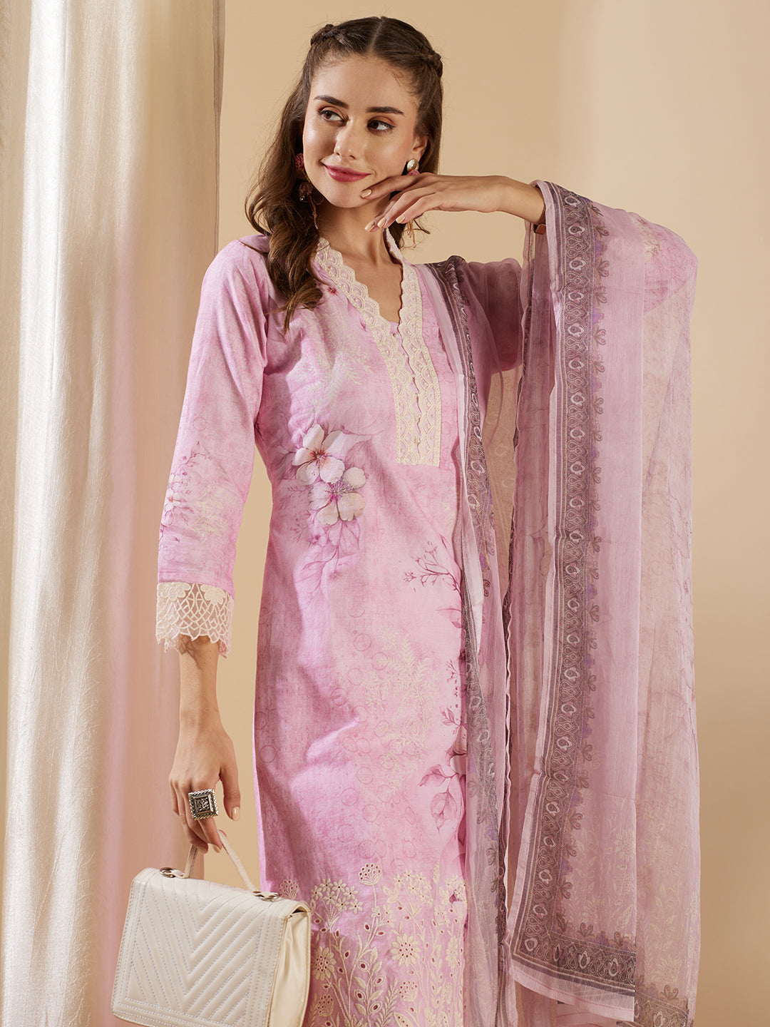 Floral Printed & Schiffli Embroidered Straight Kurta with Pant & Dupatta - Pink