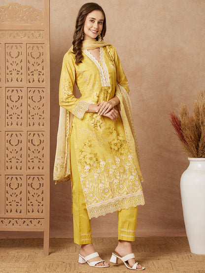 Floral Printed & Schiffli Embroidered Straight Kurta with Pant & Dupatta - Yellow