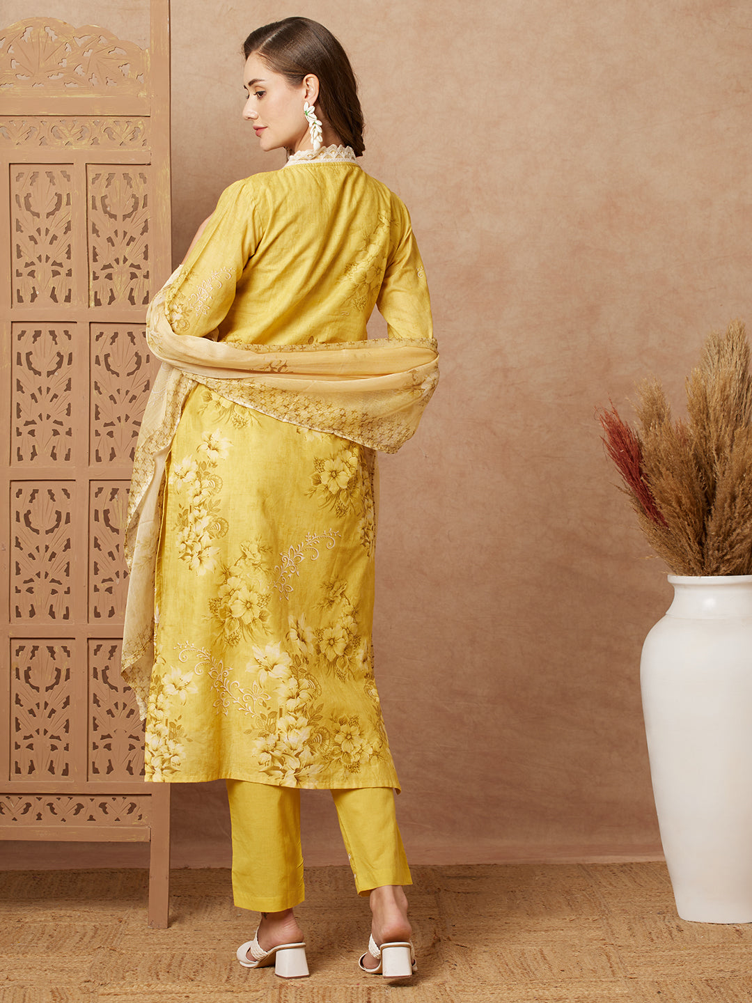 Floral Printed & Schiffli Embroidered Straight Kurta with Pant & Dupatta - Yellow