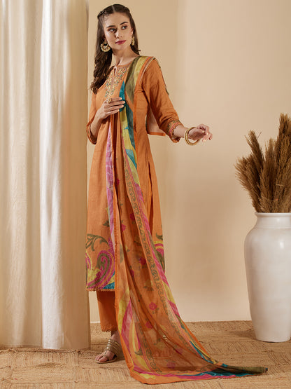 Floral Printed & Embroidered Straight Fit Kurta with Pant and Dupatta - Camel Brown