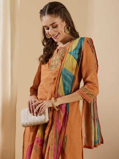 Floral Printed & Embroidered Straight Fit Kurta with Pant and Dupatta - Camel Brown