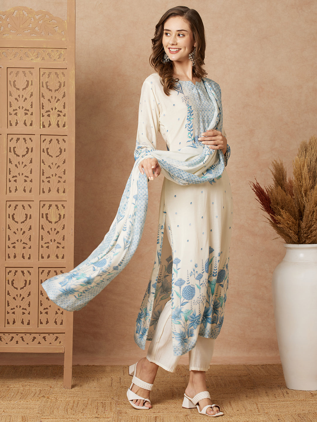 Botanical Floral Printed & Sequined Straight Kurta with Pant & Dupatta - Off White