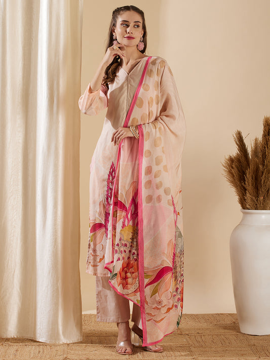 Floral Abstract Printed & Embroidered Straight Kurta with Pant & Dupatta - Rose Gold