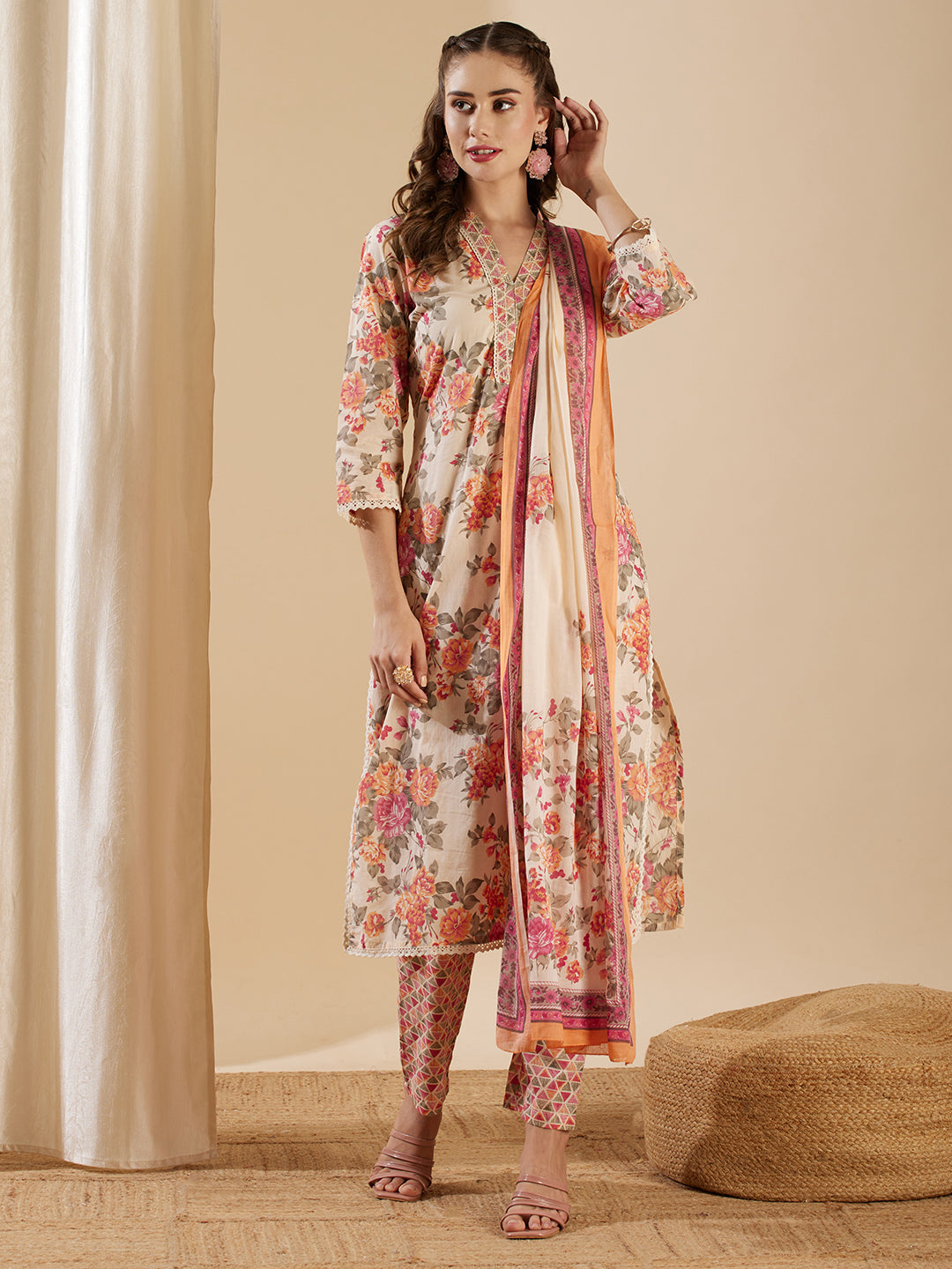 Floral Printed & Zari Embroidered Straight Kurta with Pant & Pure Cotton Dupatta - Off White
