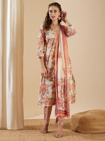 Floral Printed & Zari Embroidered Straight Kurta with Pant & Pure Cotton Dupatta - Off White