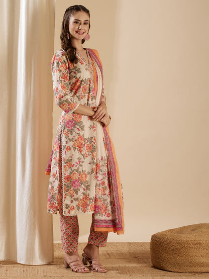 Floral Printed & Zari Embroidered Straight Kurta with Pant & Pure Cotton Dupatta - Off White
