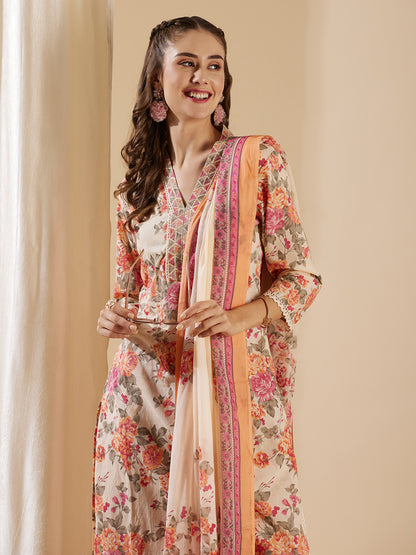 Floral Printed & Zari Embroidered Straight Kurta with Pant & Pure Cotton Dupatta - Off White