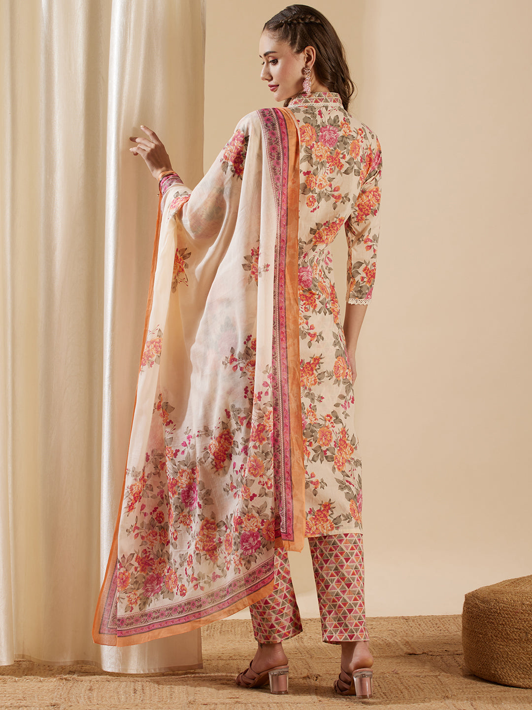 Floral Printed & Zari Embroidered Straight Kurta with Pant & Pure Cotton Dupatta - Off White