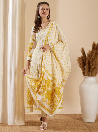 Floral Printed & Embroidered Anarkali with Pant & Pure Cotton Dupatta - Cream