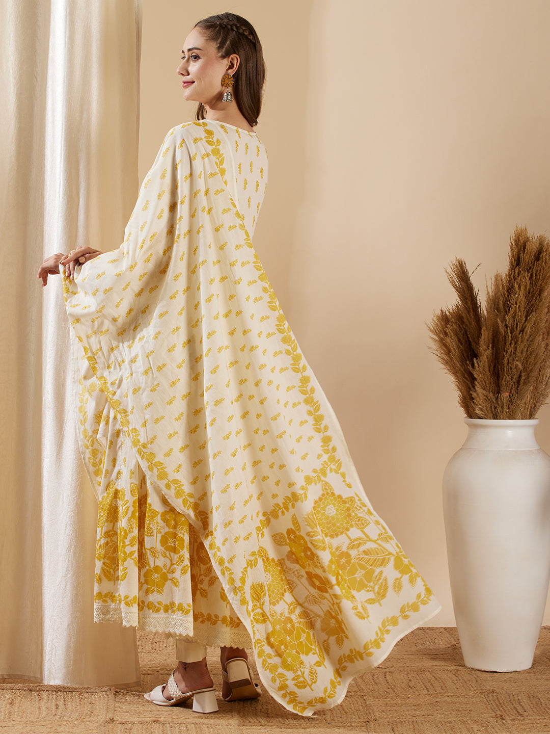 Floral Printed & Embroidered Anarkali with Pant & Pure Cotton Dupatta - Cream