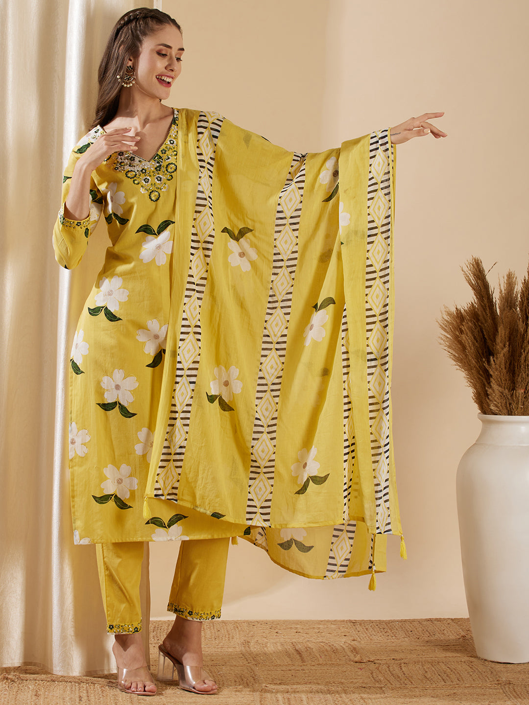 Floral Foil Printed & Embroidered & Kurta with Pant & Pure Cotton Dupatta - Yellow