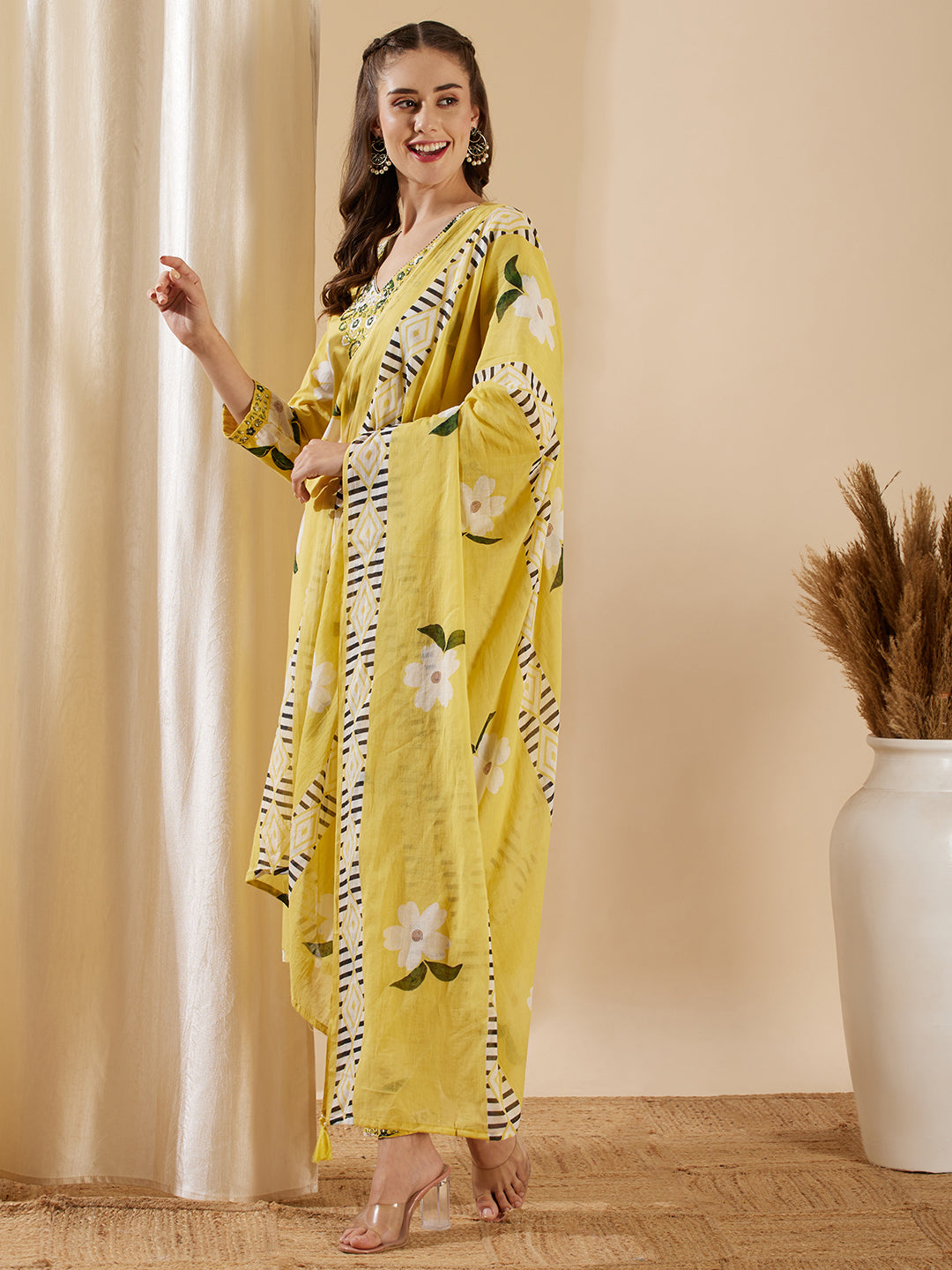 Floral Foil Printed & Embroidered & Kurta with Pant & Pure Cotton Dupatta - Yellow