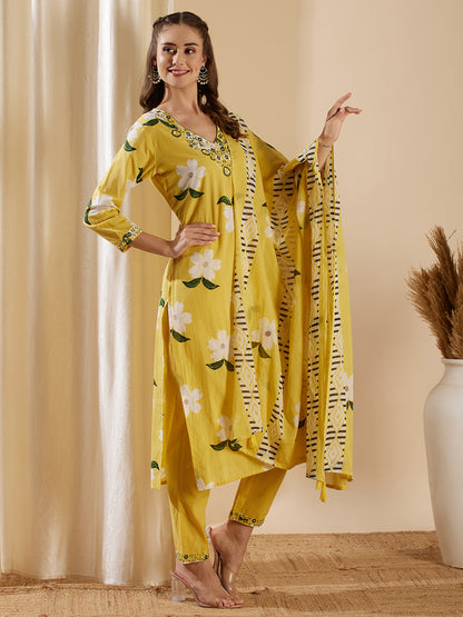 Floral Foil Printed & Embroidered & Kurta with Pant & Pure Cotton Dupatta - Yellow