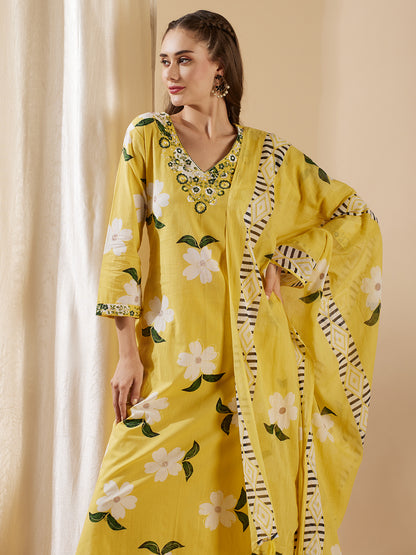 Floral Foil Printed & Embroidered & Kurta with Pant & Pure Cotton Dupatta - Yellow