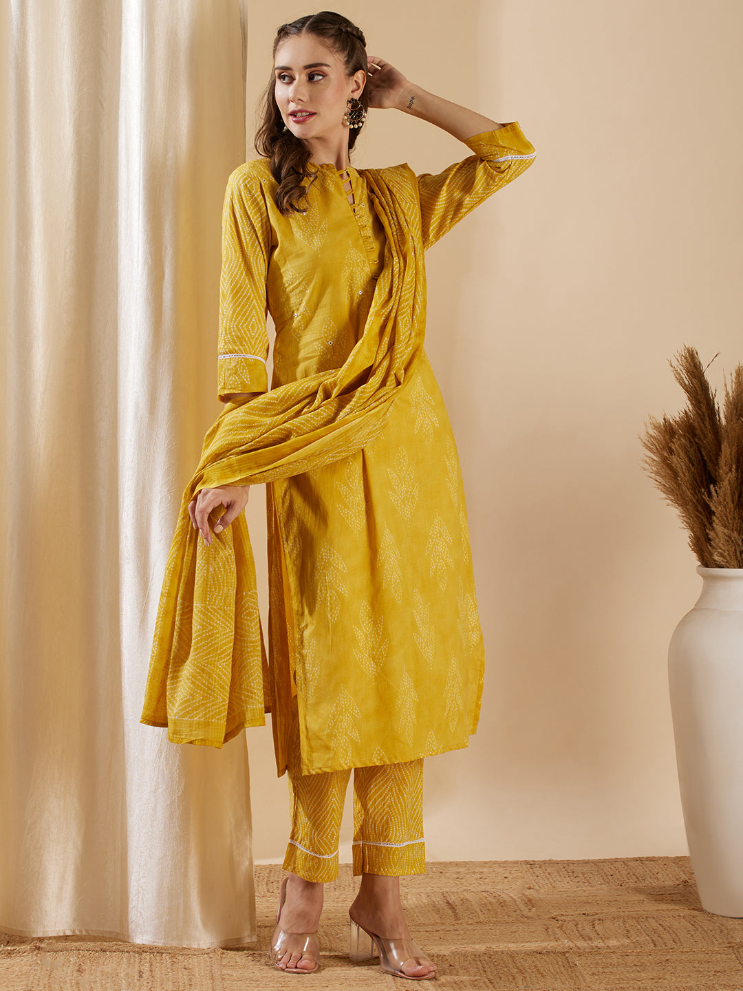 Ethnic Leaf Printed & Embroidered Straight Kurta with Pant & Dupatta - Yellow