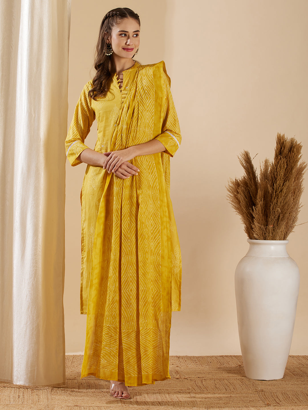 Ethnic Leaf Printed & Embroidered Straight Kurta with Pant & Dupatta - Yellow