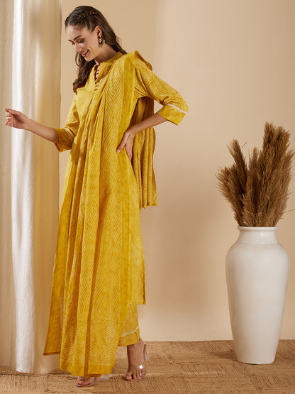 Ethnic Leaf Printed & Embroidered Straight Kurta with Pant & Dupatta - Yellow