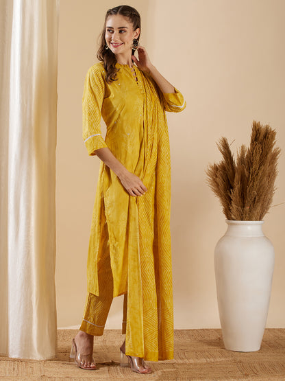 Ethnic Leaf Printed & Embroidered Straight Kurta with Pant & Dupatta - Yellow