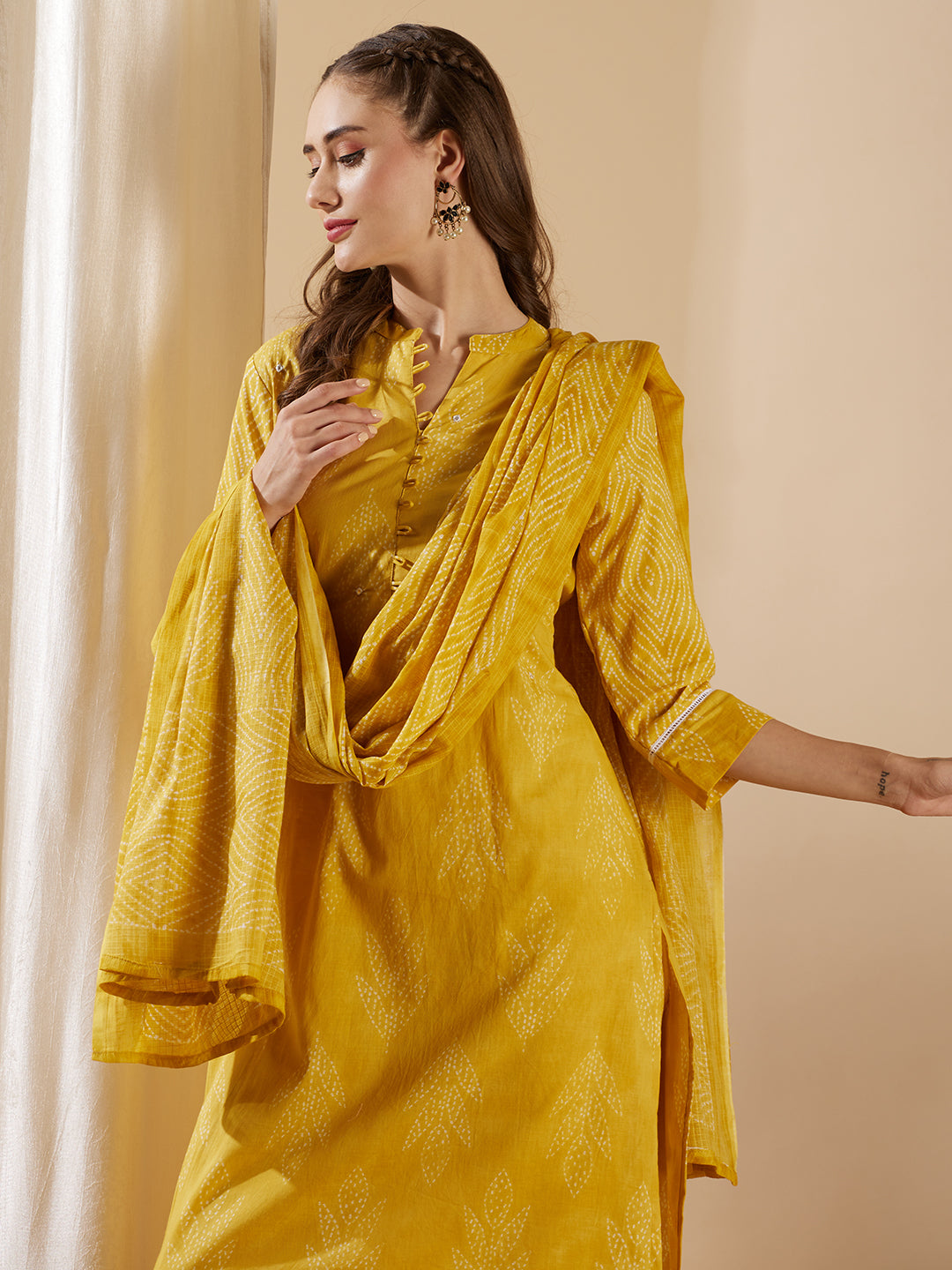 Ethnic Leaf Printed & Embroidered Straight Kurta with Pant & Dupatta - Yellow