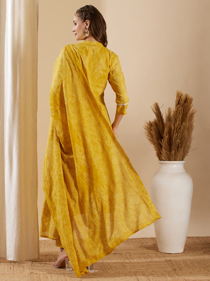 Ethnic Leaf Printed & Embroidered Straight Kurta with Pant & Dupatta - Yellow