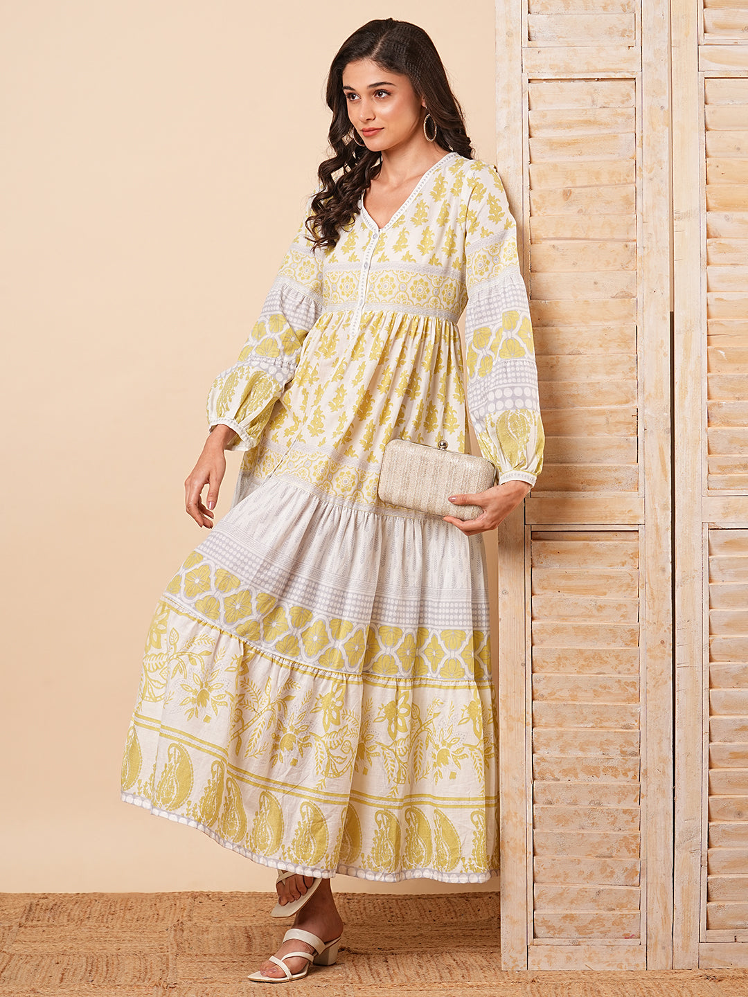 Ethnic Floral Printed A-Line Tiered Maxi Dress - Light Green