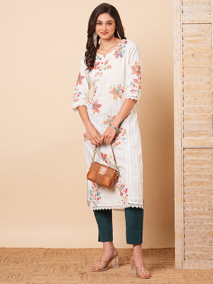 Floral Applique Work Ethnic Woven Straight Fit Kurta - White