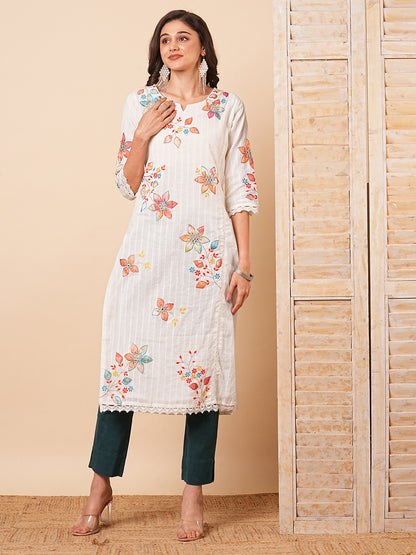 Floral Applique Work Ethnic Woven Straight Fit Kurta - White