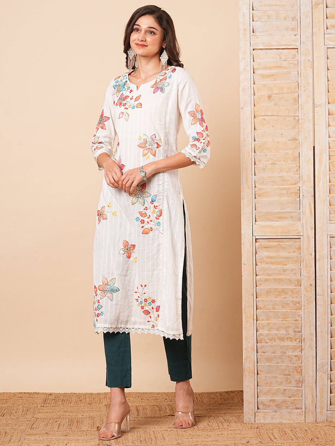 Floral Applique Work Ethnic Woven Straight Fit Kurta - White