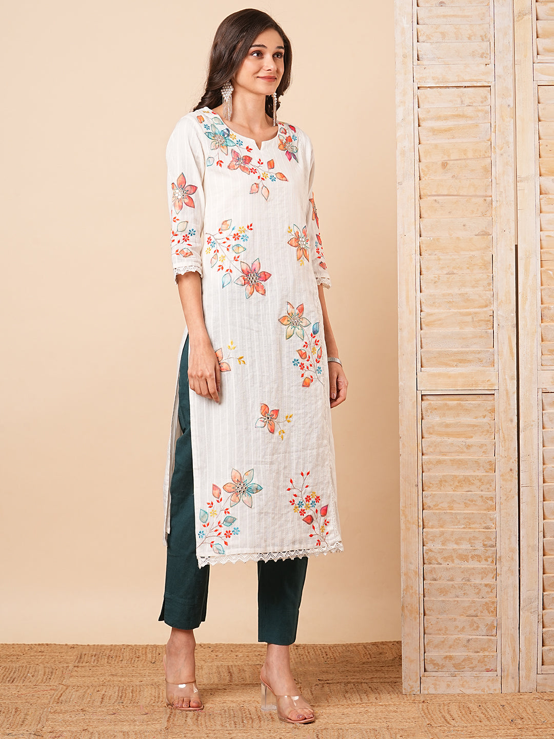 Floral Applique Work Ethnic Woven Straight Fit Kurta - White