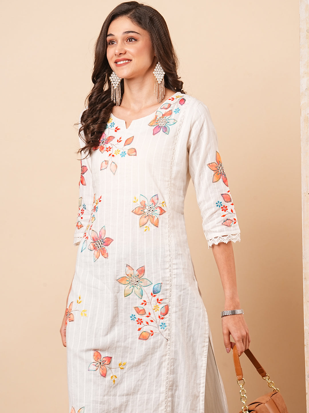 Floral Applique Work Ethnic Woven Straight Fit Kurta - White