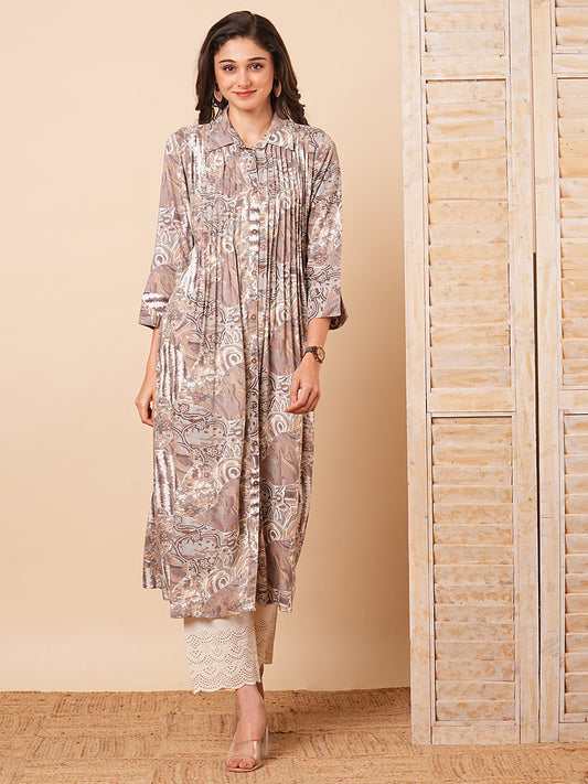 Abstract Floral Foil Printed A-Line Pleated Kurta - Taupe