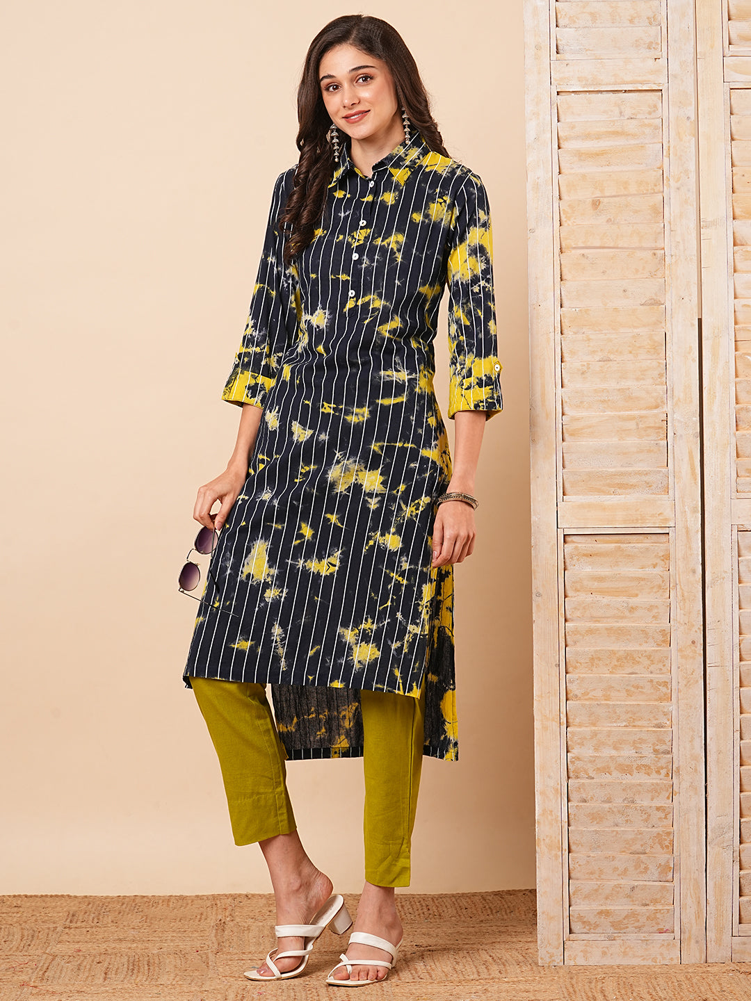 Shibori Dyed and Striped Printed Straight Fit High Low Kurta - Navy Blue