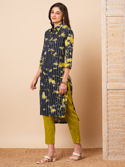 Shibori Dyed and Striped Printed Straight Fit High Low Kurta - Navy Blue