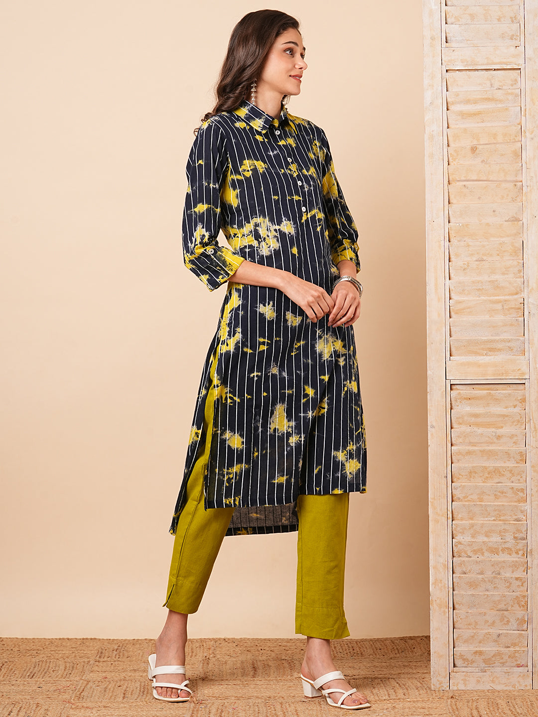 Shibori Dyed and Striped Printed Straight Fit High Low Kurta - Navy Blue