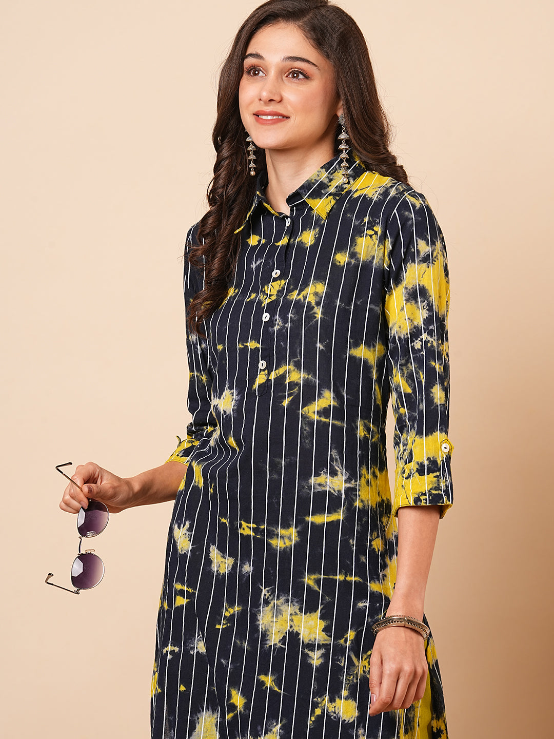 Shibori Dyed and Striped Printed Straight Fit High Low Kurta - Navy Blue