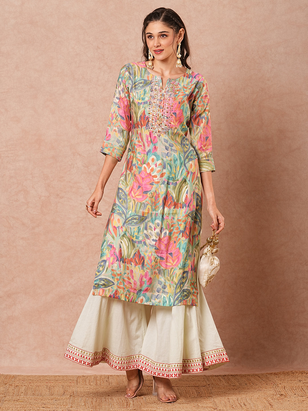 Abstract Foil Printed & Mirror Embroidered Straight Fit Kurta - Multi