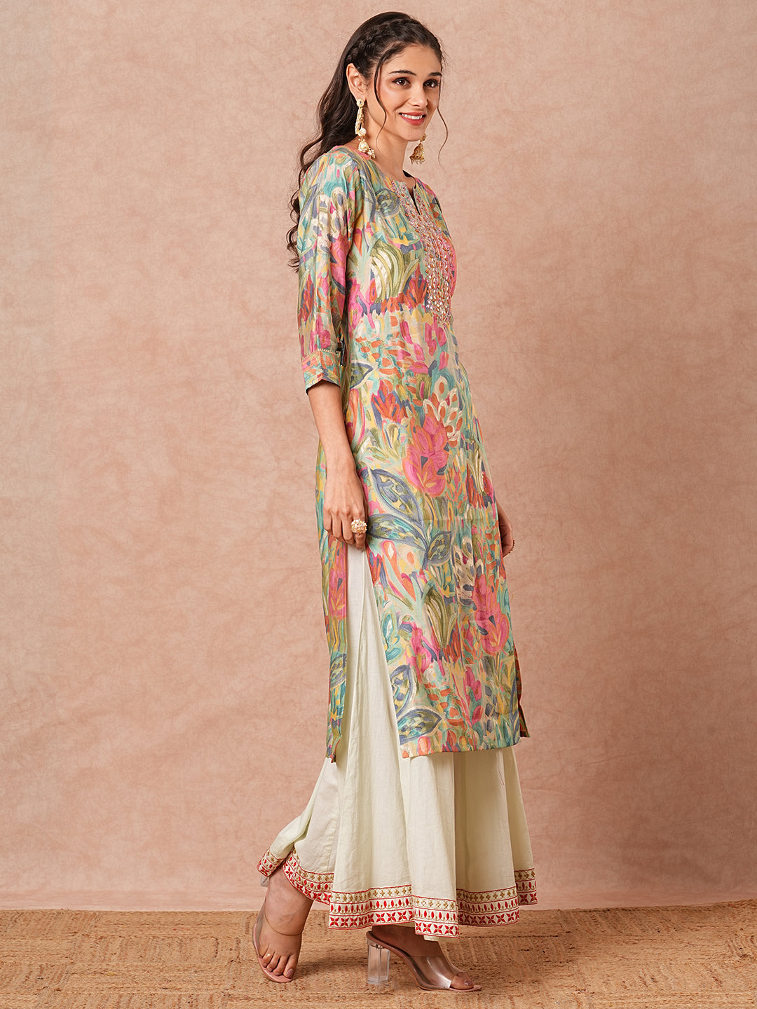 Abstract Foil Printed & Mirror Embroidered Straight Fit Kurta - Multi