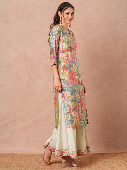 Abstract Foil Printed & Mirror Embroidered Straight Fit Kurta - Multi