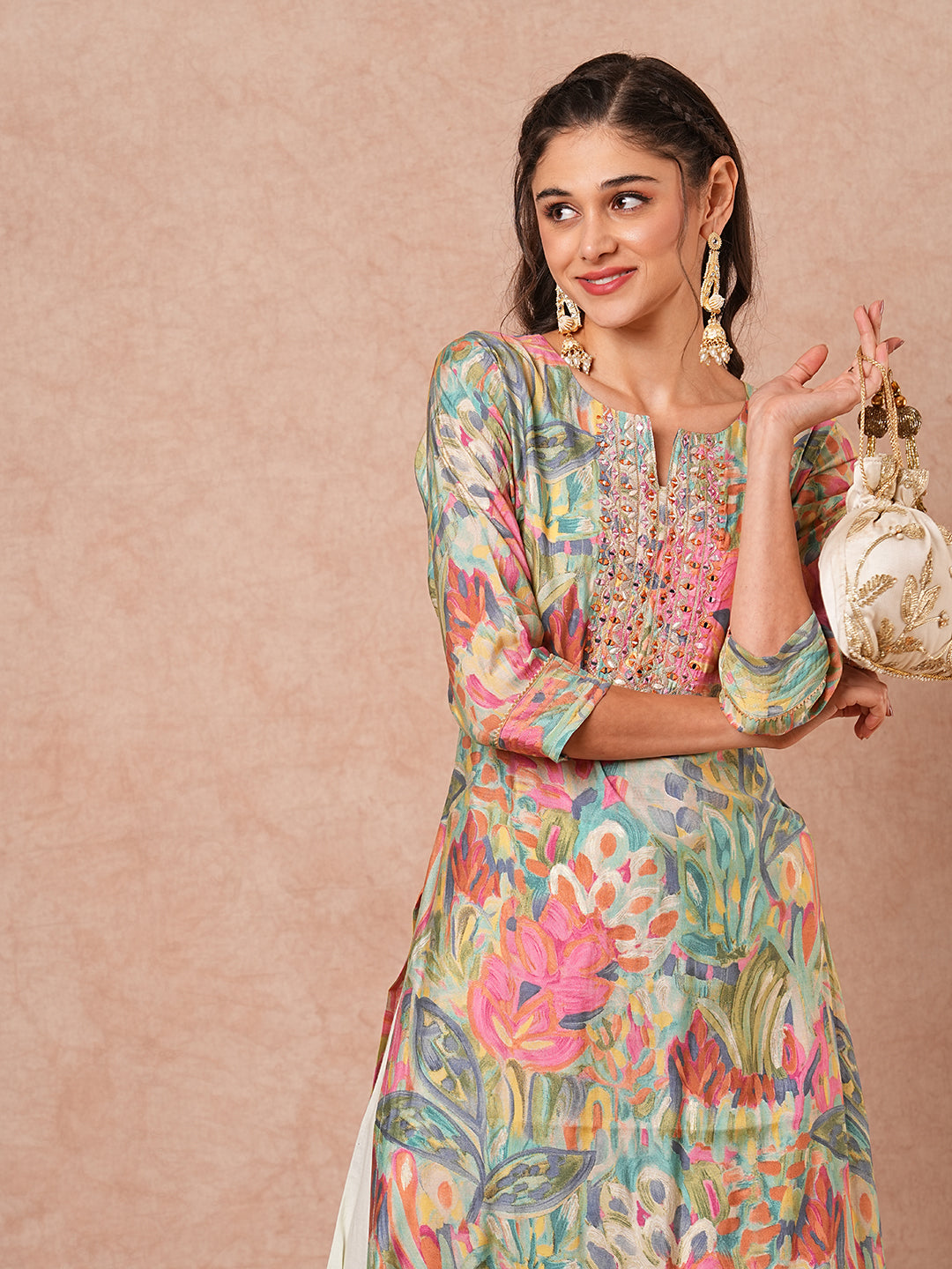 Abstract Foil Printed & Mirror Embroidered Straight Fit Kurta - Multi