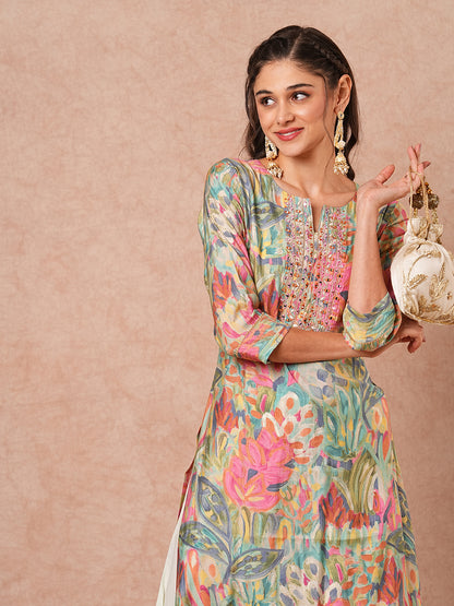 Abstract Foil Printed & Mirror Embroidered Straight Fit Kurta - Multi