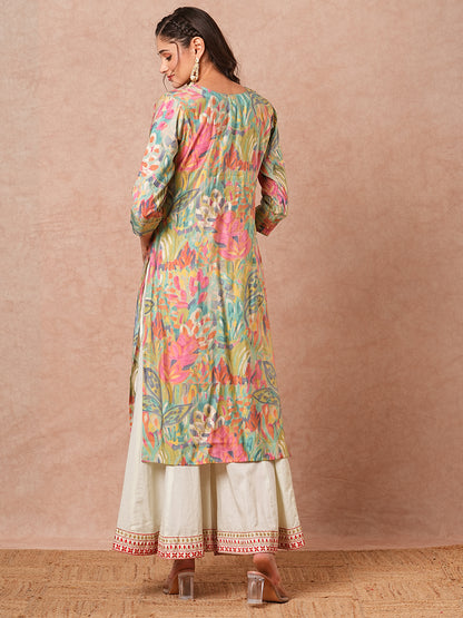 Abstract Foil Printed & Mirror Embroidered Straight Fit Kurta - Multi