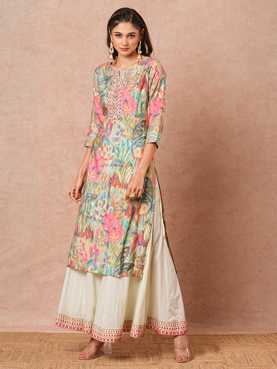 Abstract Foil Printed & Mirror Embroidered Straight Fit Kurta - Multi