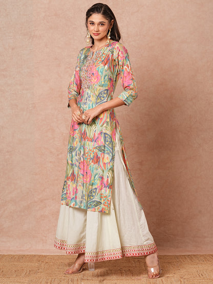 Abstract Foil Printed & Mirror Embroidered Straight Fit Kurta - Multi