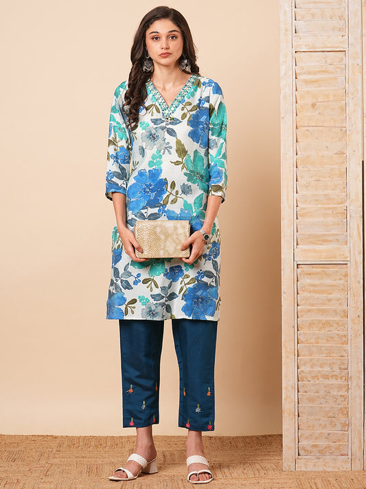 Floral Foil Printed & Mirror Embroidered Straight Fit Kurta - Blue